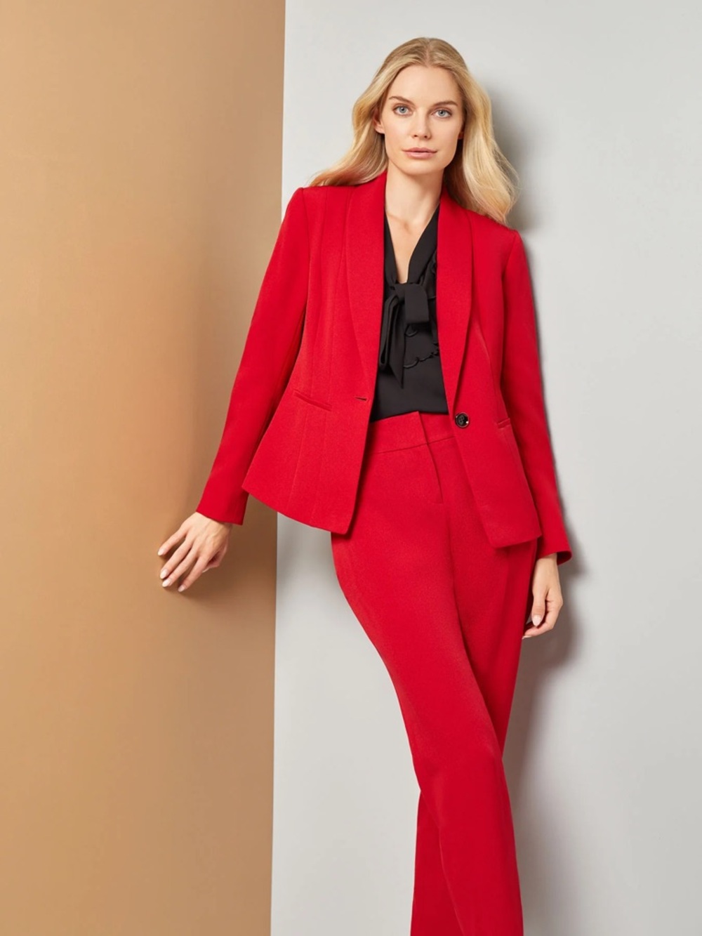 Kasper Red One Button Double Seamed Suit in Stretch Crepe